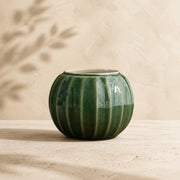 Ribbed Ball Ceramic Planter – Forest Green Crackle Glaze