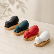 Ceramic Lazy Cat Figurine with Bamboo Base – Tea Pet Desk Décor