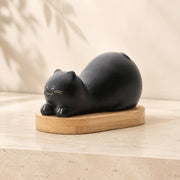 Ceramic Lazy Cat Figurine with Bamboo Base – Tea Pet Desk Décor