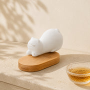 Ceramic Lazy Cat Figurine with Bamboo Base – Tea Pet Desk Décor