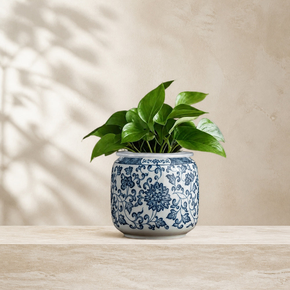 Blue & White Ceramic Planter — Chinoiserie Floral Pattern