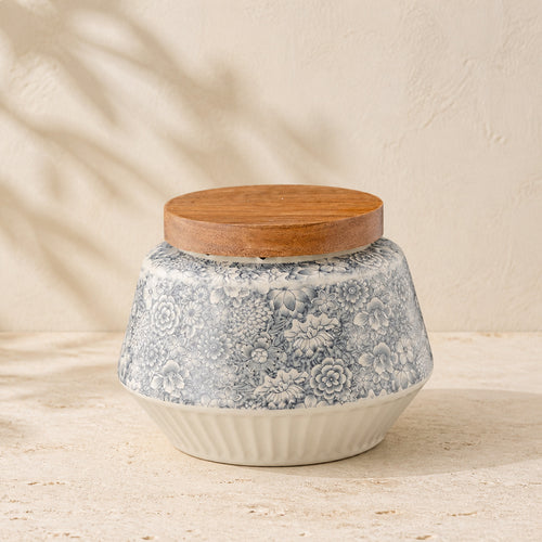 Ceramic Storage Jar with Wooden Lid — Floral Pattern