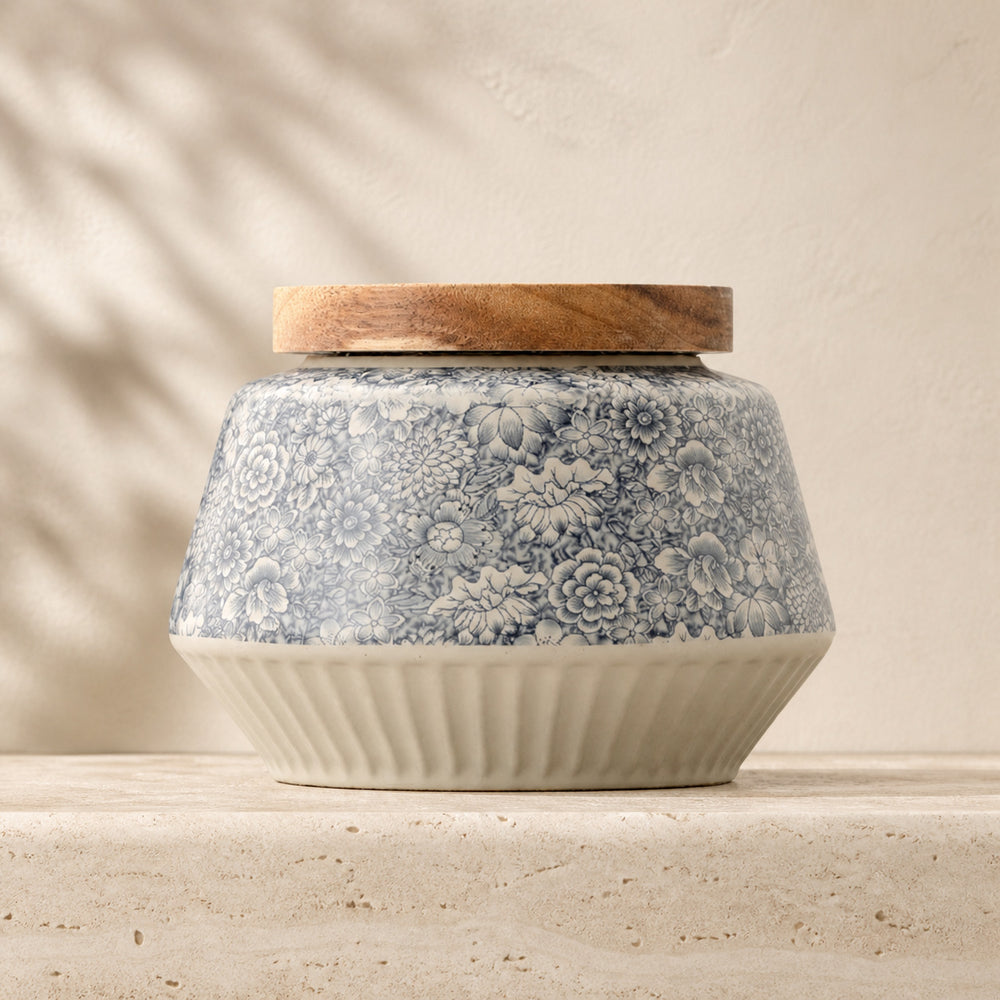 Ceramic Storage Jar with Wooden Lid — Floral Pattern