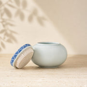 Celadon Ceramic Storage Jar with Blue & White Geometric Lid