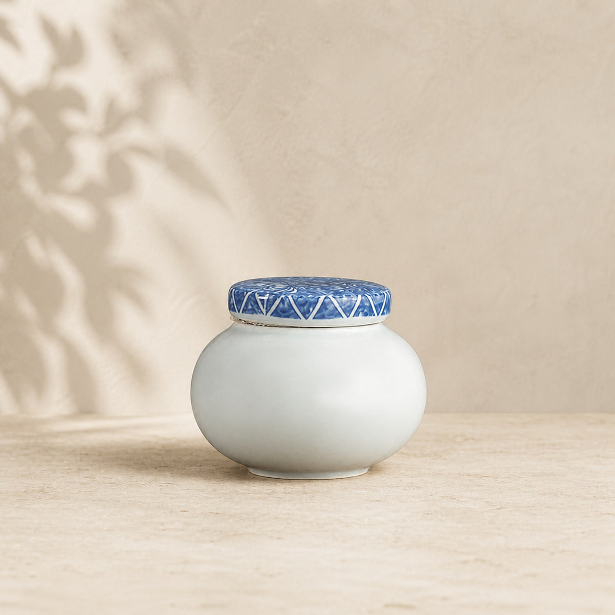Celadon Ceramic Storage Jar with Blue & White Geometric Lid