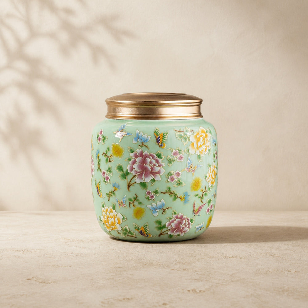Famille Rose Ceramic Storage Jar with Metal Lid
