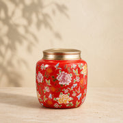Famille Rose Ceramic Storage Jar with Metal Lid