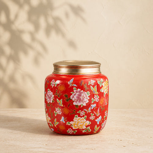 Famille Rose Ceramic Storage Jar with Metal Lid