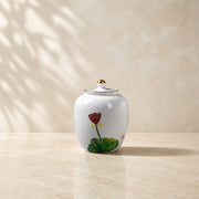 Hand-Painted Lotus Ceramic Storage Jar with Gold Lid