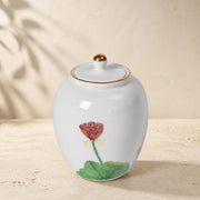 Hand-Painted Lotus Ceramic Storage Jar with Gold Lid